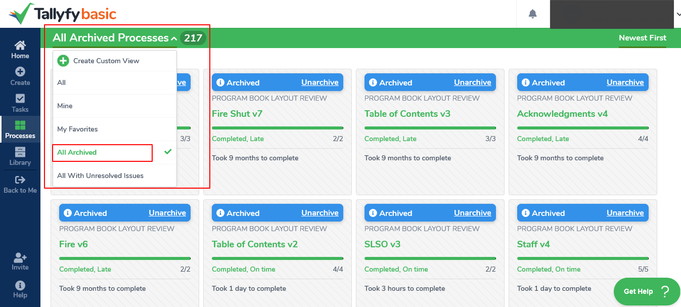 Tallyfy archived processes view showing 217 completed program book layout review processes with custom filtering options