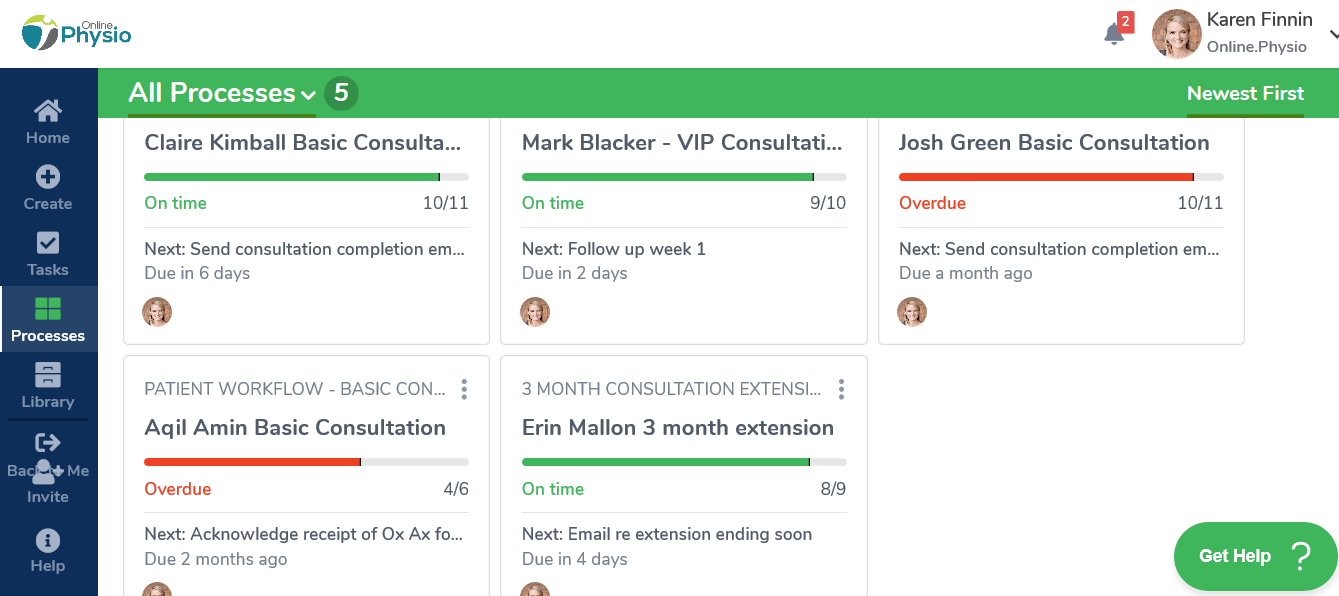 Online Physio all processes view showing patient consultations with progress bars and status indicators