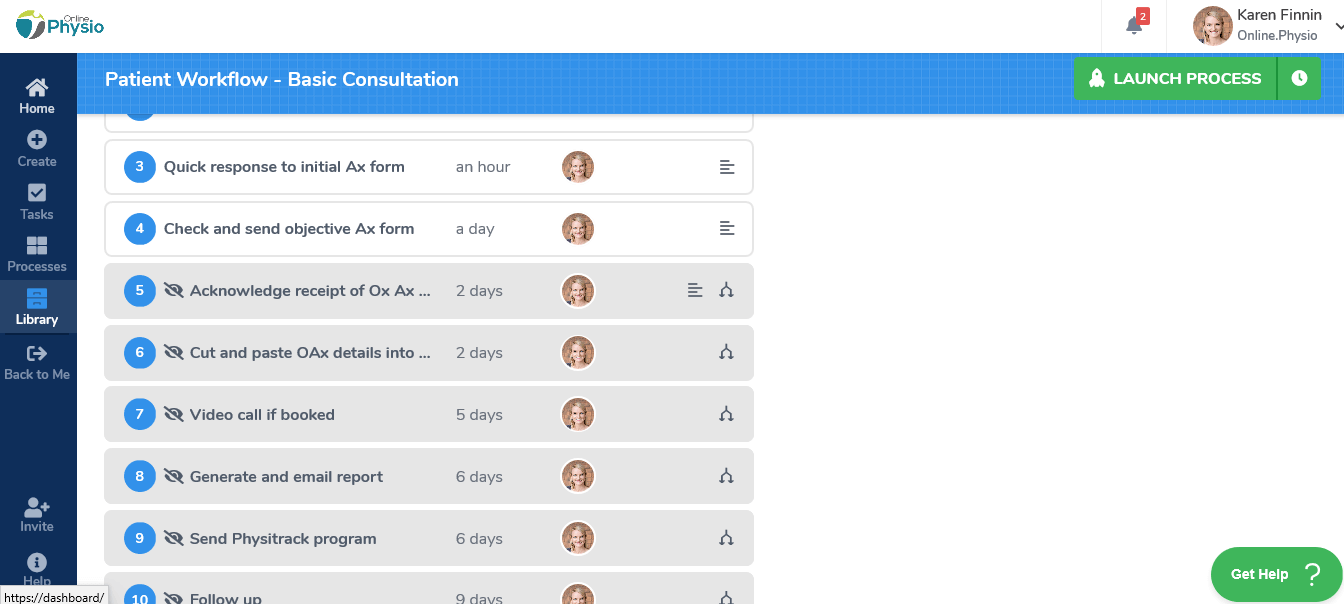 Online Physio patient workflow showing task list with quick response, check form, acknowledge receipt steps