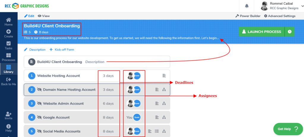 RCC Graphic Designs client onboarding blueprint showing 5 steps with deadlines and assignees highlighted