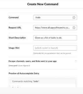 Slack command creation form showing fields for command setup including request URL and usage hint