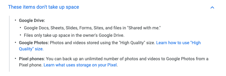 Google Drive storage information showing items that do not take up space and photo backup details
