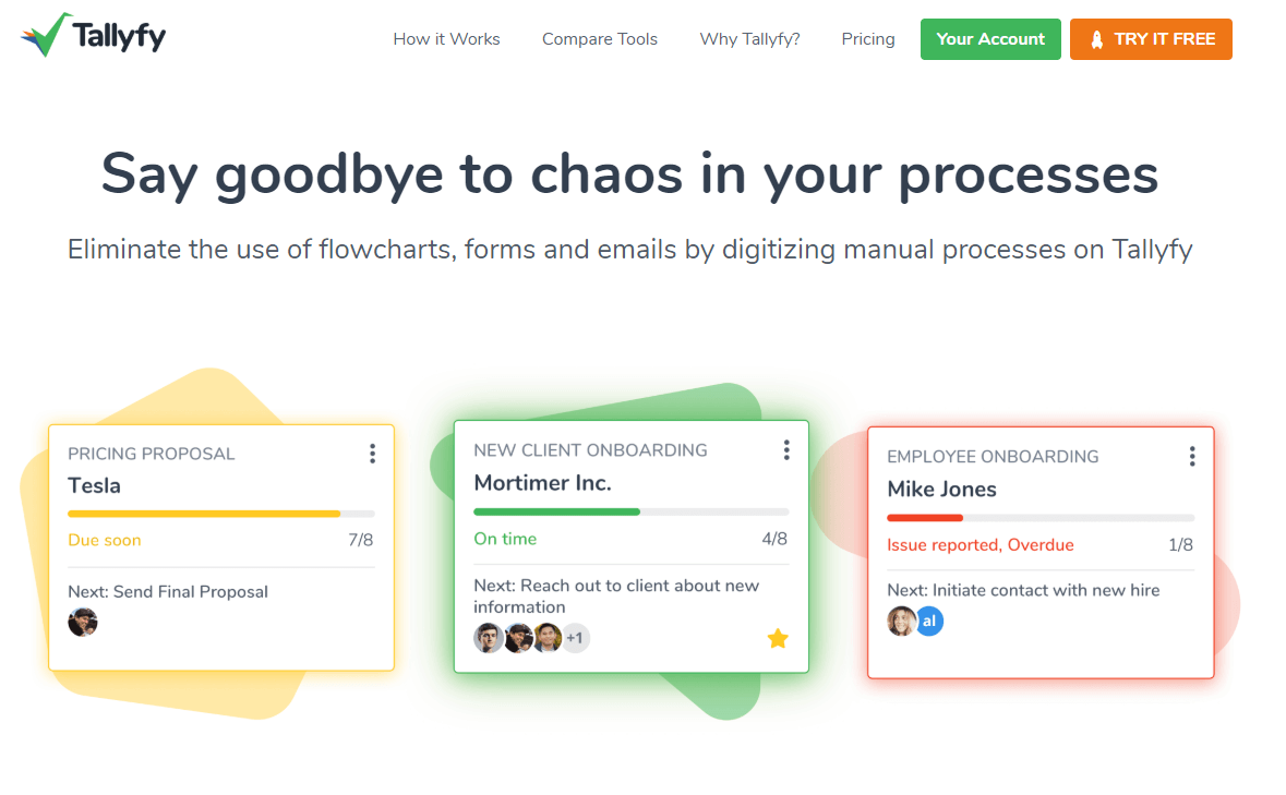 Tallyfy website screenshot showing process cards and chaos elimination messaging with colored backgrounds