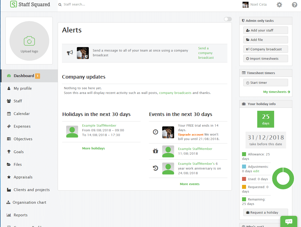 Staff Squared HR dashboard showing alerts, company updates, holidays, events, and timesheet management