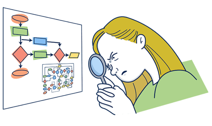 Illustration of person with magnifying glass examining workflow diagram with decision gates and process complexity