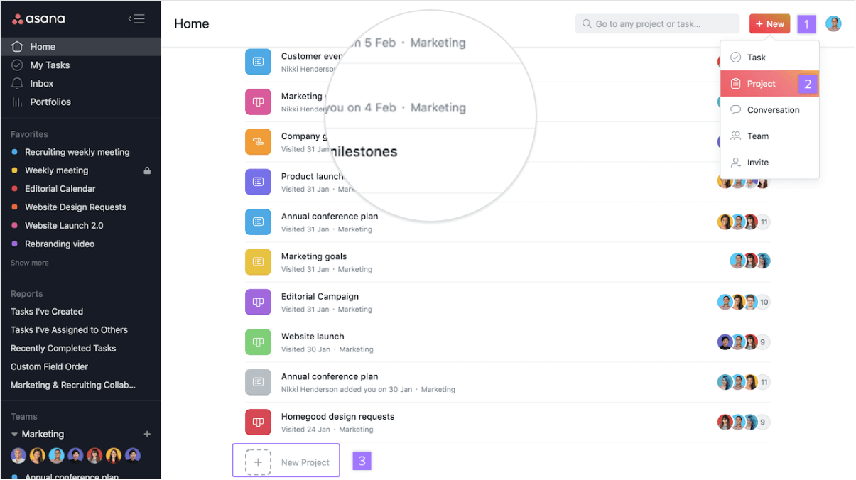 Asana Home dashboard displaying recent projects, milestones, team activities, and create new project options