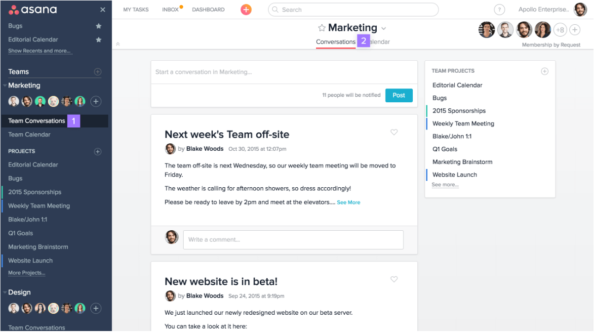 Asana Marketing team conversations dashboard showing team discussions, projects, and calendar integration