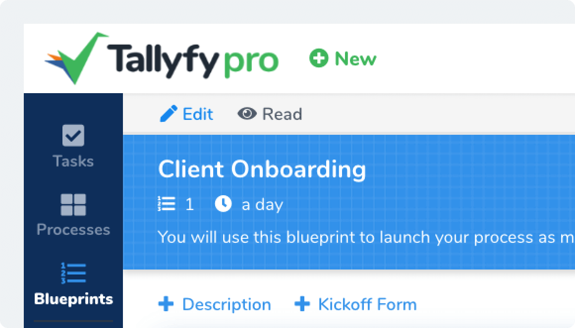 Tallyfy Pro interface displaying Client Onboarding blueprint with 1 task taking a day, featuring Edit/Read modes and Description/Kickoff Form tabs