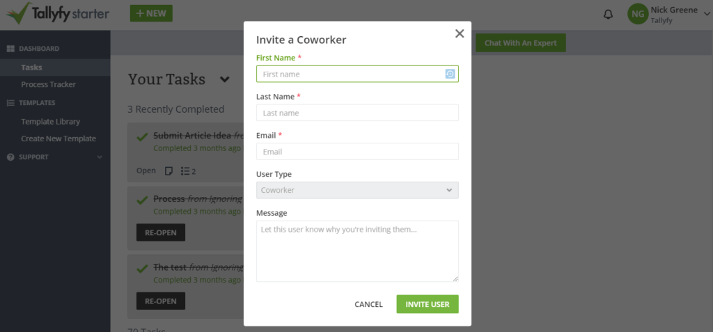 Tallyfy coworker invitation form with fields for first name, last name, email, user type, and custom message