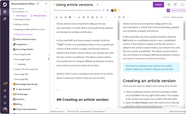 Documentation editor showing article versioning interface with creating and comparing version differences explanation