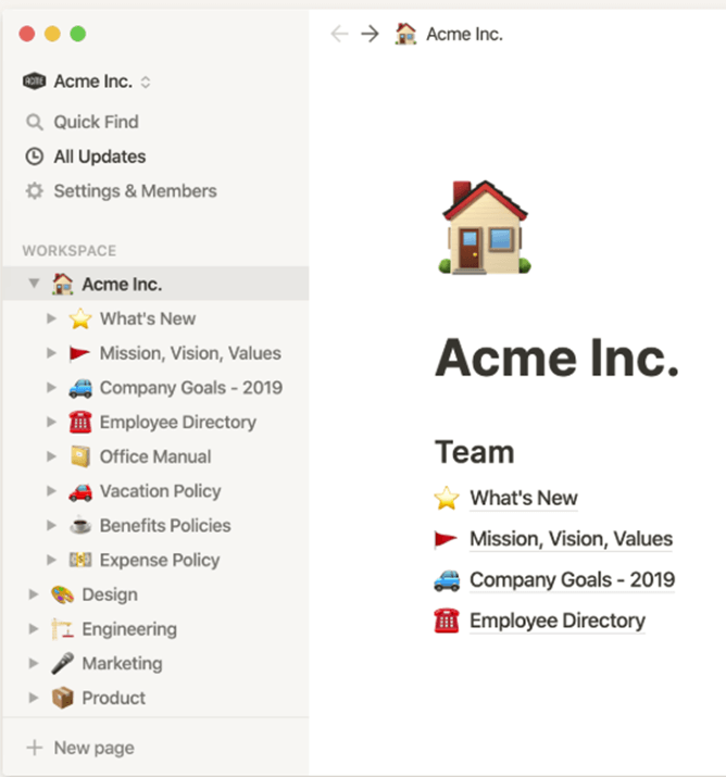 Notion workspace for Acme Inc showing team navigation with employee directory, mission, values, and company policies