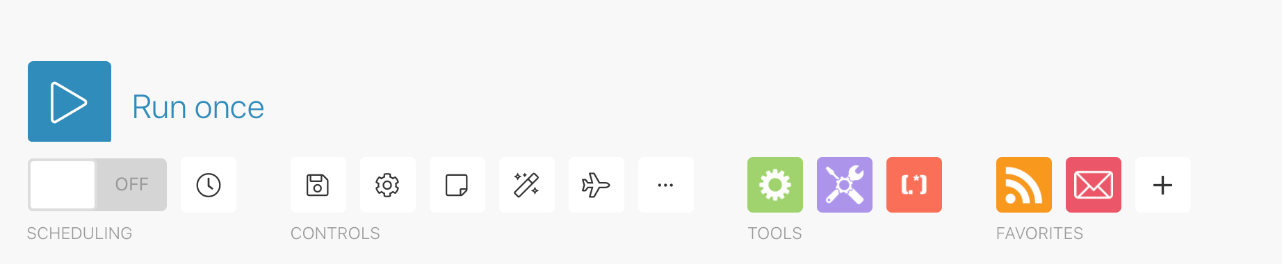 Workflow automation interface showing run once scheduling with controls for timing, settings, tools and favorites