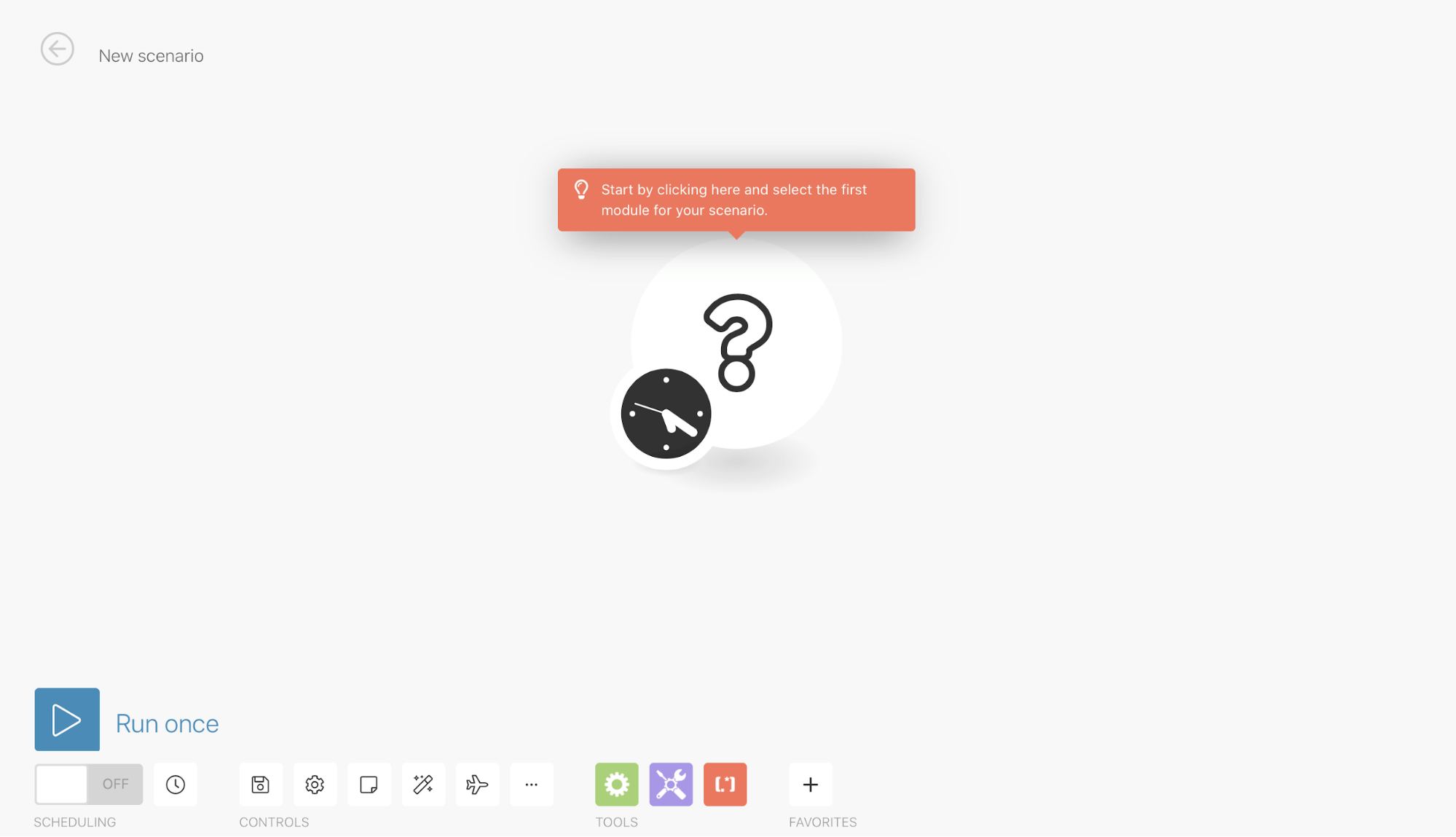 New scenario workflow interface with clock icon, question mark, and instruction to select first module
