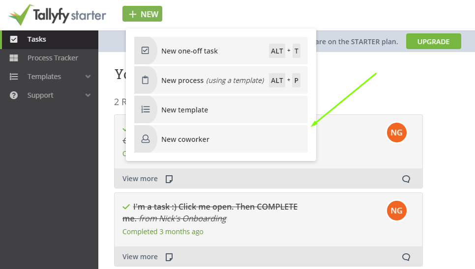 Tallyfy new item menu showing options to create one-off task, new process from template, new template, or add coworker