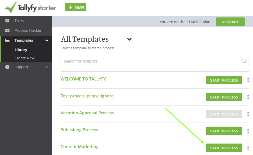 Tallyfy Starter template library showing welcome, vacation approval, publishing and content marketing process templates
