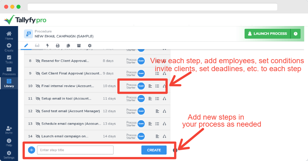 Tallyfy workflow builder showing email campaign process with step editing, conditions, deadlines, and create button