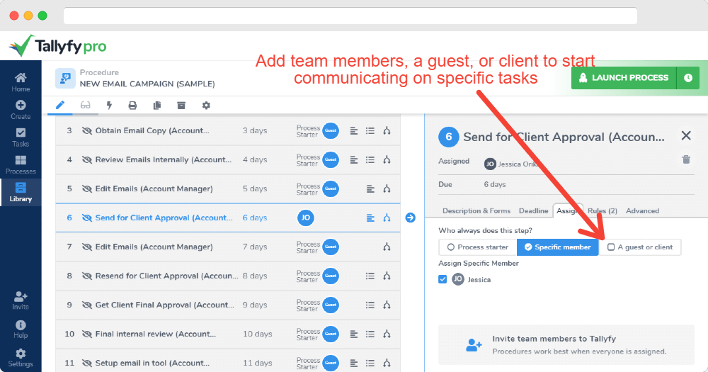 Tallyfy Pro task assignment modal showing specific member assignment, team members, guests, and client options