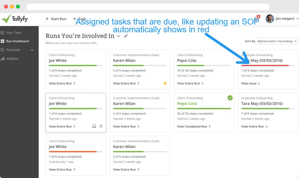 Tallyfy dashboard showing active process runs with progress bars, completion status, and overdue task indicators in red