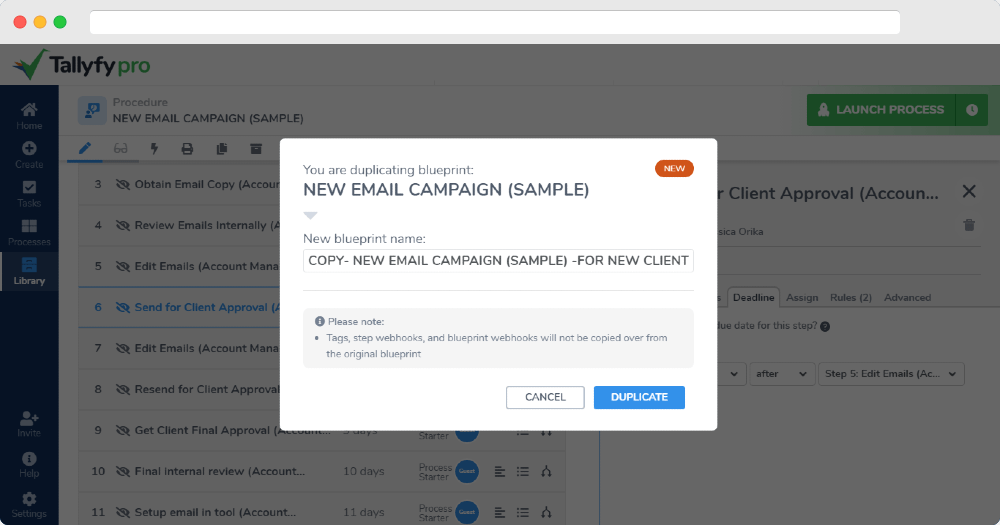 Tallyfy Pro blueprint duplication dialog showing new name input field with cancel and duplicate buttons