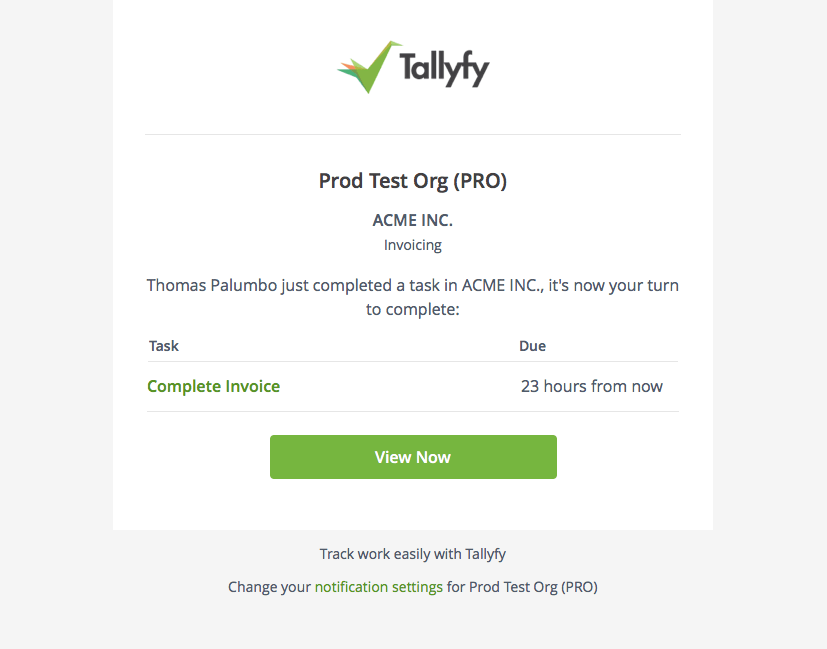 Tallyfy task notification email showing ACME Inc. invoicing task assignment from Thomas Palumbo
