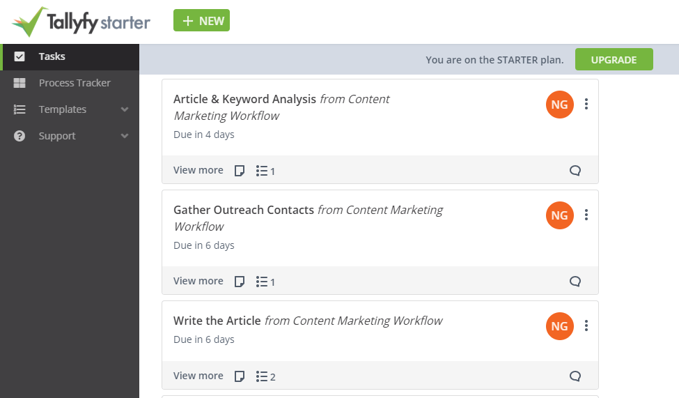 Tallyfy tasks interface showing content marketing workflow with article analysis, outreach, and writing tasks with due dates