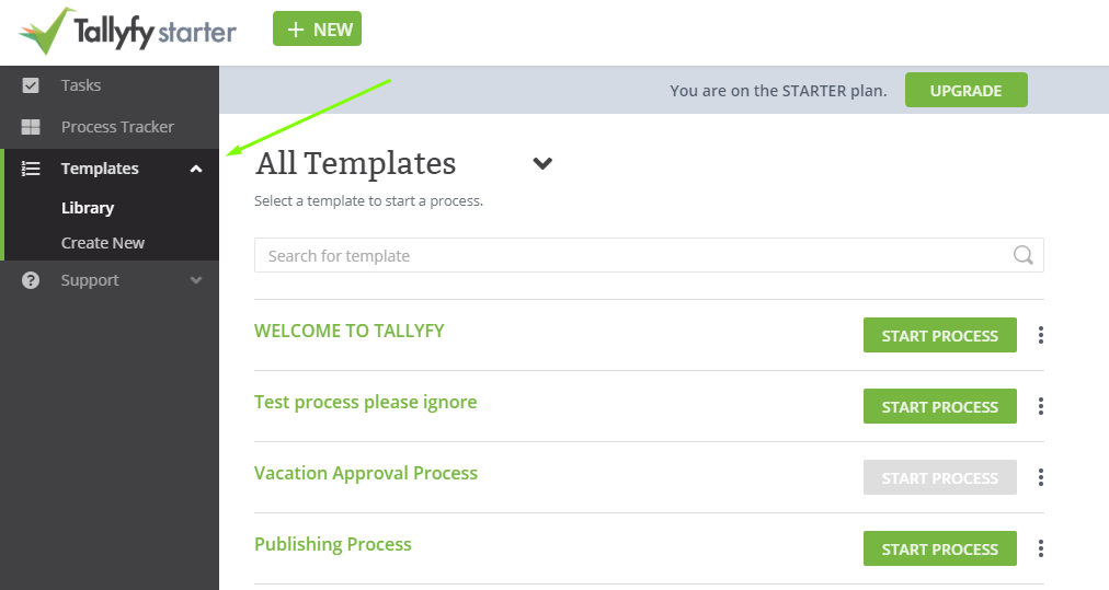 Tallyfy template library listing Welcome to Tallyfy, Vacation Approval, and Publishing Process workflow templates